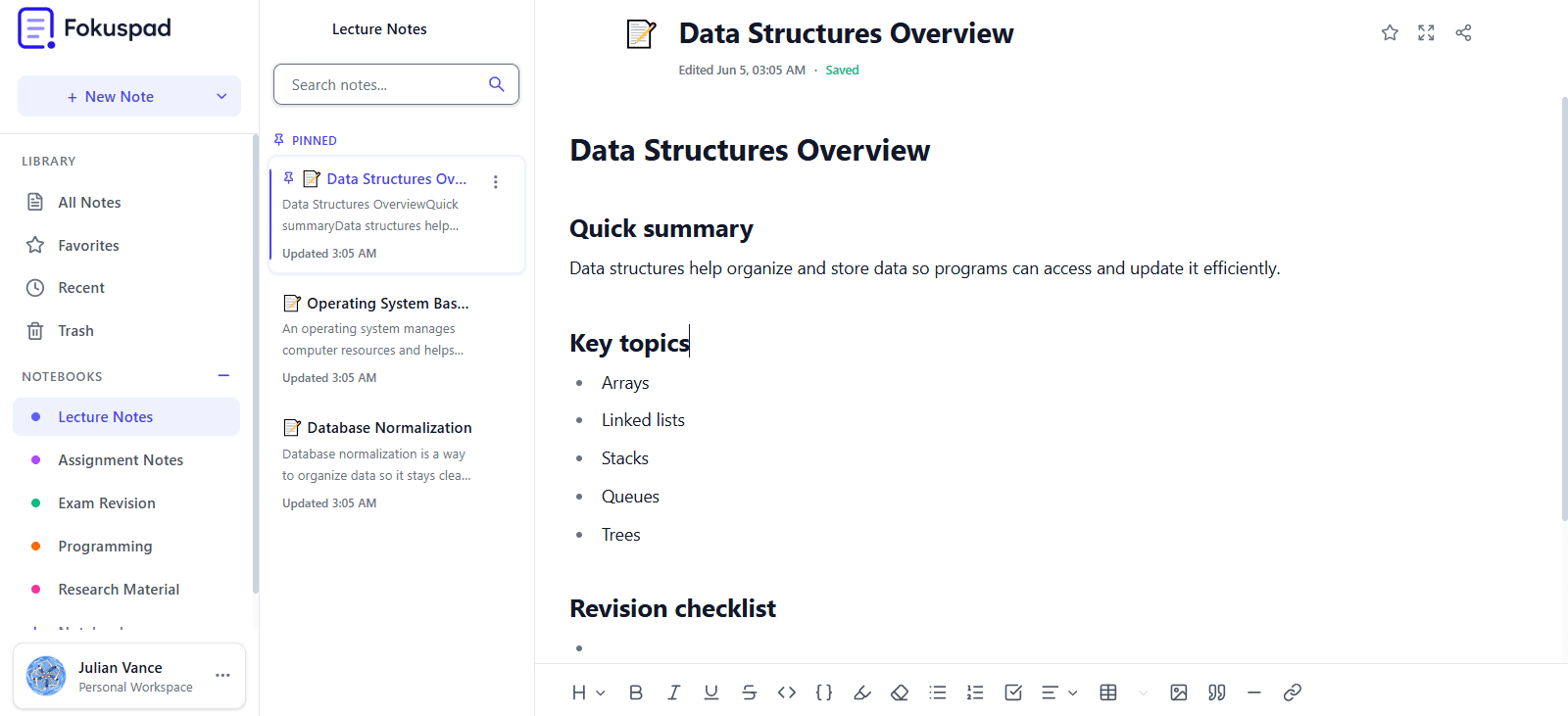 FokusPad student notes app preview